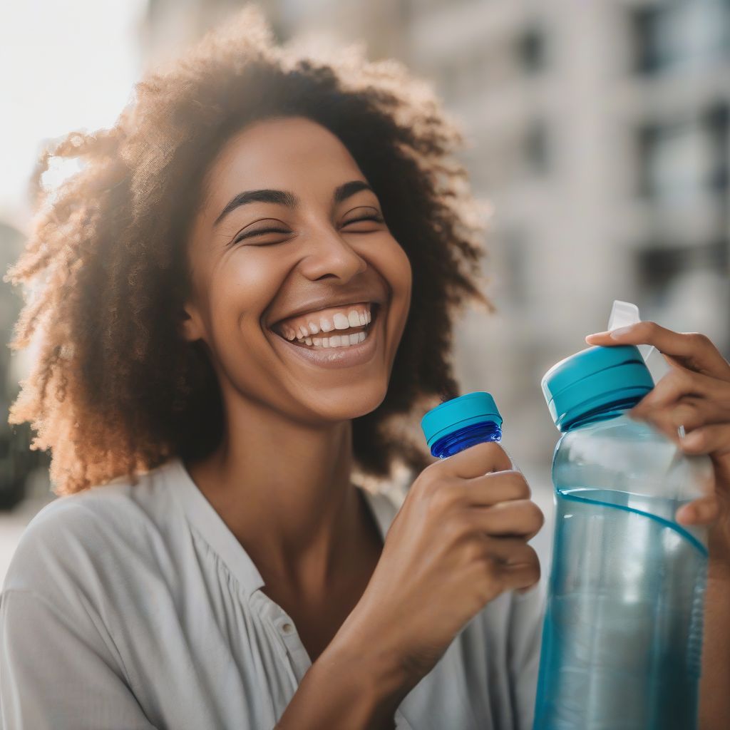 Woman Drinking Water and Smiling