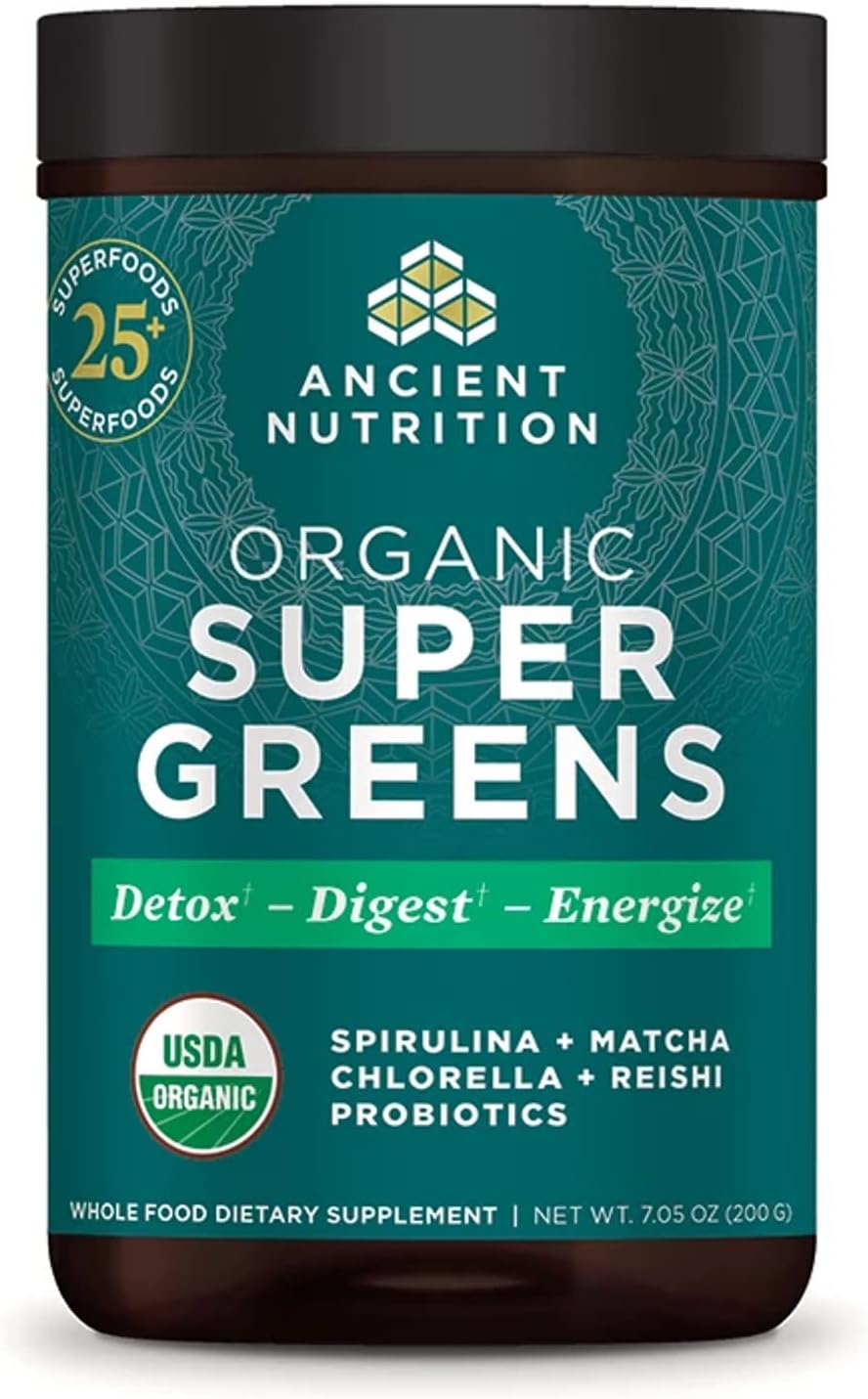Ancient Nutrition Super Greens Powder, Organic Superfood Powder with Probiotics Made with Spirulina, Chlorella, Matcha, and Digestive Enzymes, 25 Servings, 7.5oz