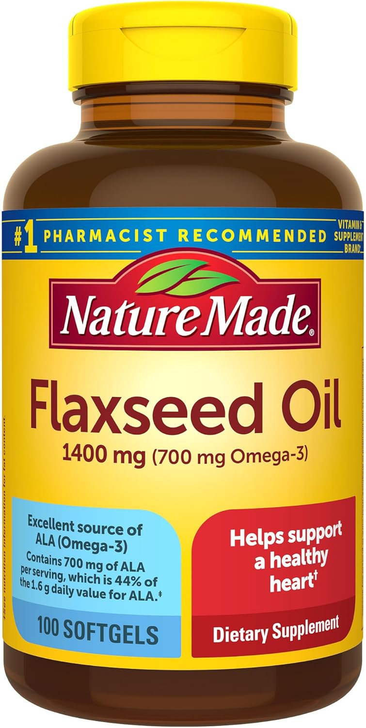 Nature Made Extra Strength Flaxseed Oil 1400 mg, Fish Free Omega 3 Supplement, Dietary Supplement for Heart Health Support, 100 Softgels, 100 Day Supply