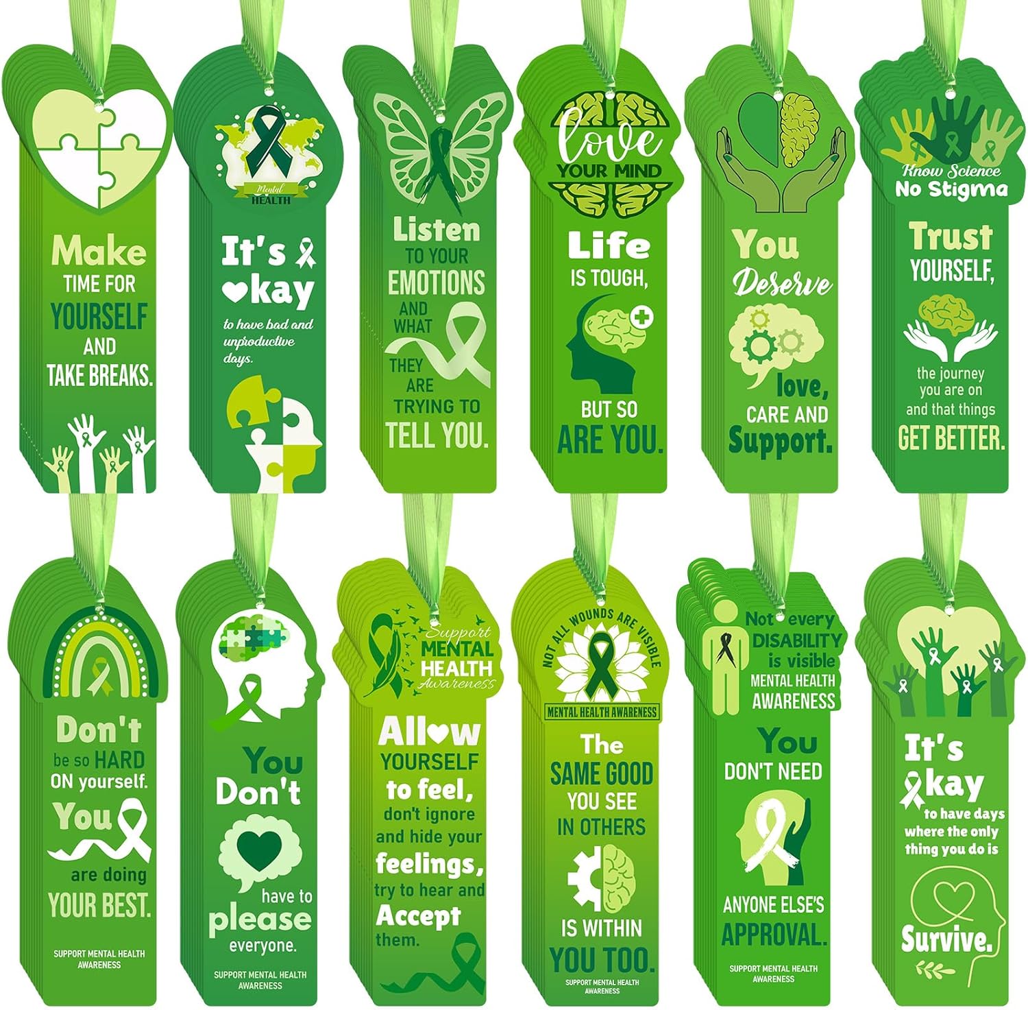 120 Pcs Mental Health Awareness Bookmarks Green Positive Psychology Affirmations Therapy Inspirational Bookmarks Mental Health Month Fundraiser Event Classroom Stationery Handout Supplies