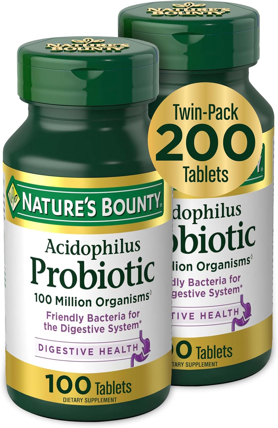 Nature\'s Bounty Acidophilus Probiotic, Daily Probiotic Supplement, Digestive Health, 200 Tablets, Twin Pack