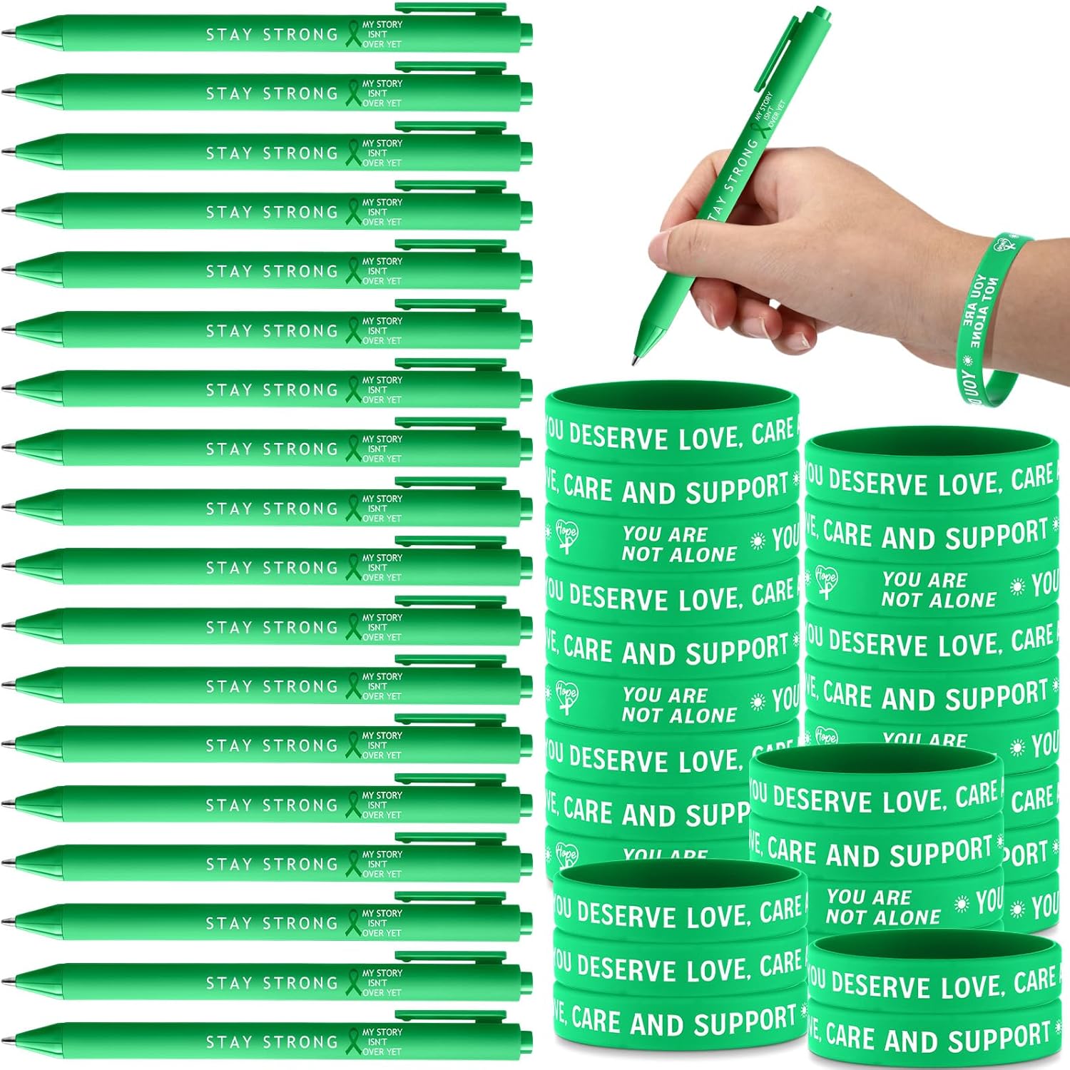 Cholemy 150 Pcs Mental Health Awareness Pen with Green Ribbon Silicone Wristbands Bulk Retractable Green Ribbon Pen for Mental Health Awareness Month Gifts Volunteer Charity Activity