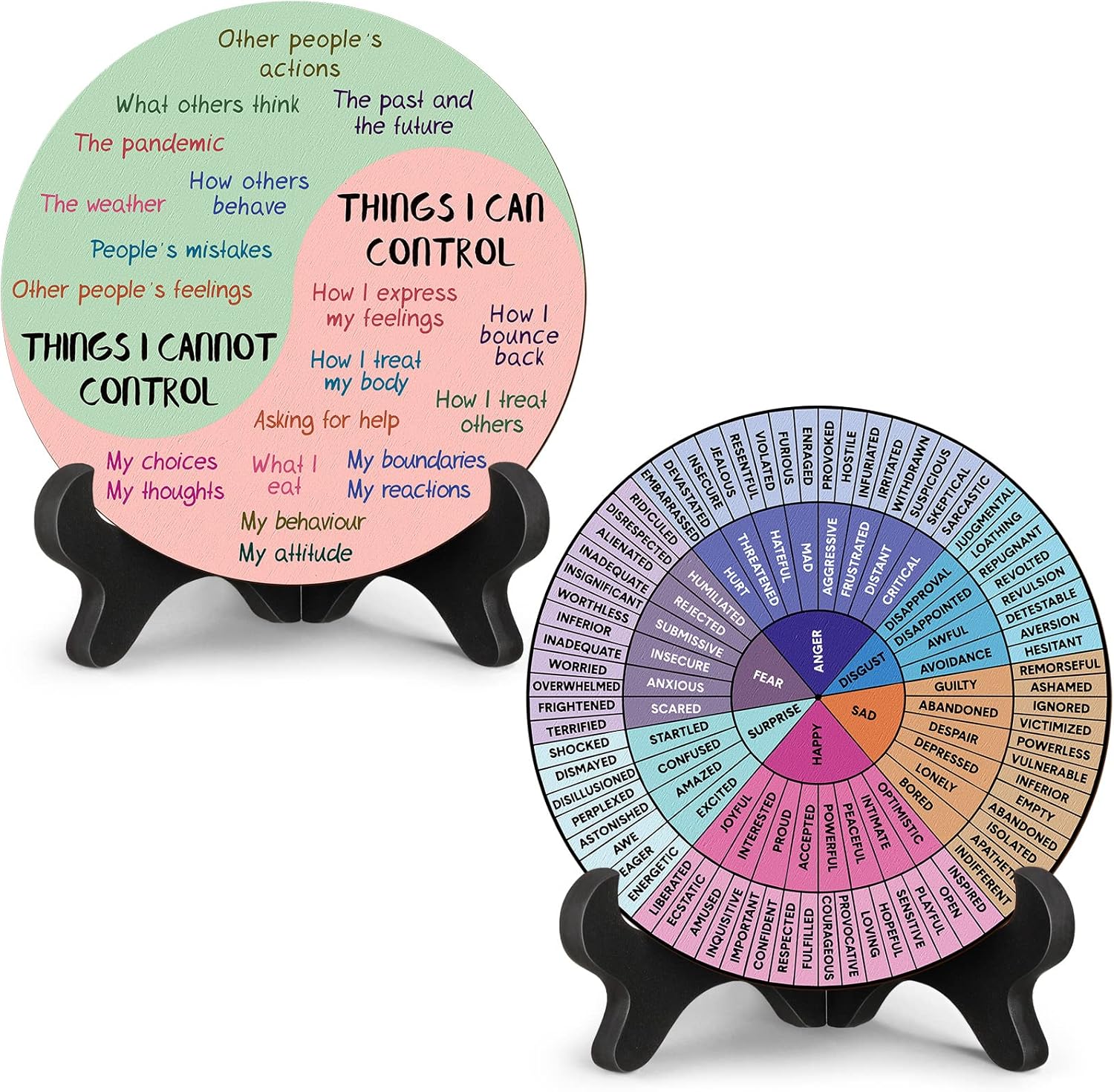 Eaasty 2 Pcs Things I Can Control Therapy Office Desk Decor Feelings Wheel Chart Calming Emotions Wheel Poster Mental Health Feelings Psychology Decor for Home Office Counselor Women Men(Bright)