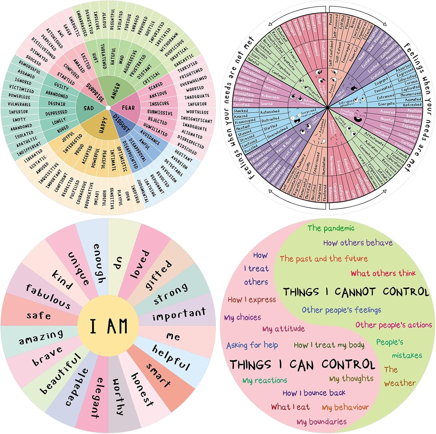 Kanayu 4 Pcs Feelings Wheel Magnet 7 Inch Therapy Emotion Wheel Magnet Magnetic Mental Feeling Chart for Counselor Social Worker Office Emotional Fridge(Classic)