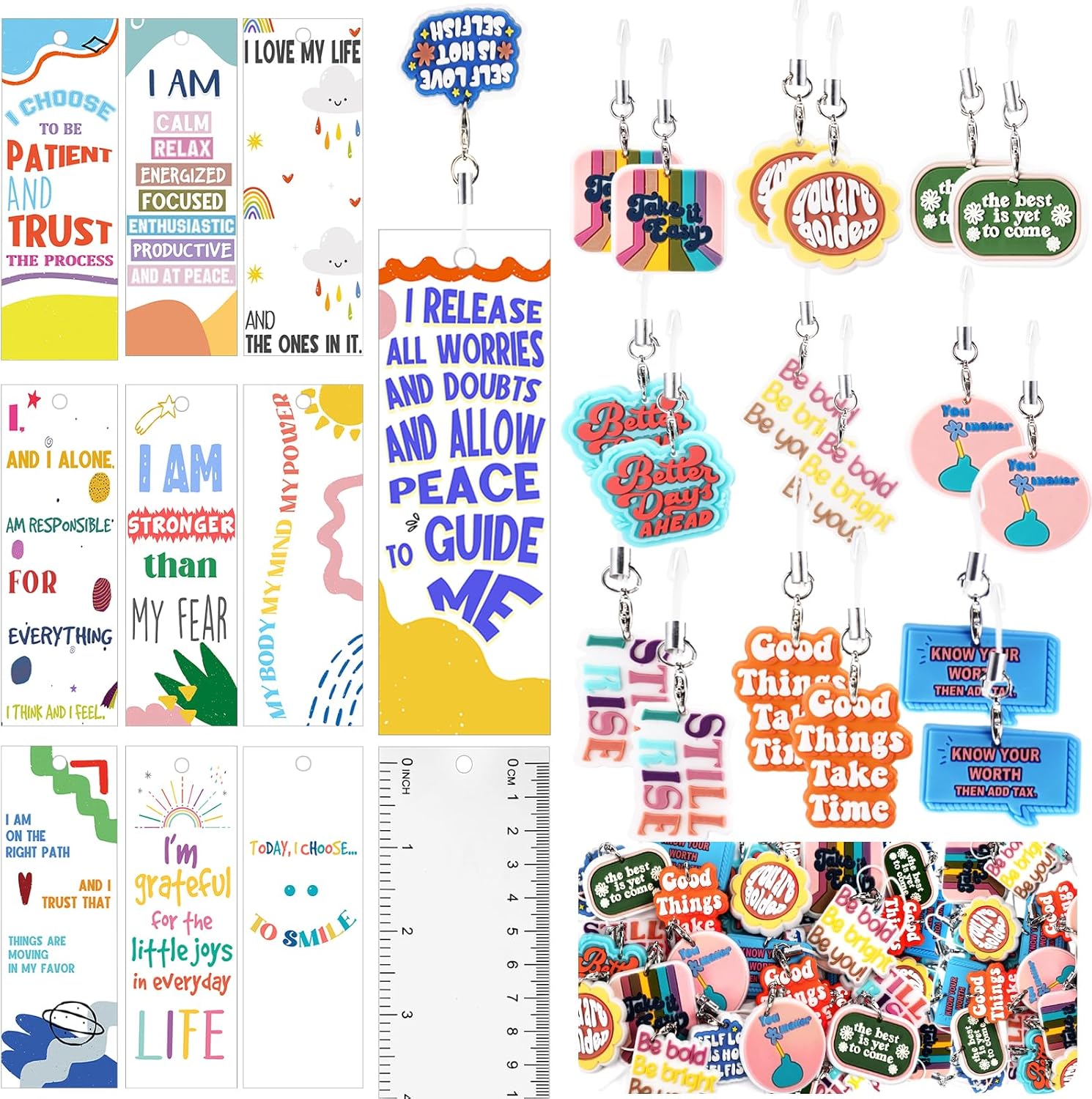 200 Pcs Mental Health Awareness Items Gifts Set Bulk 100 Inspirational Bookmarks with 100 Mental Health Keychains Positive Affirmation Cards Gifts for Students Counselor Office Must Haves