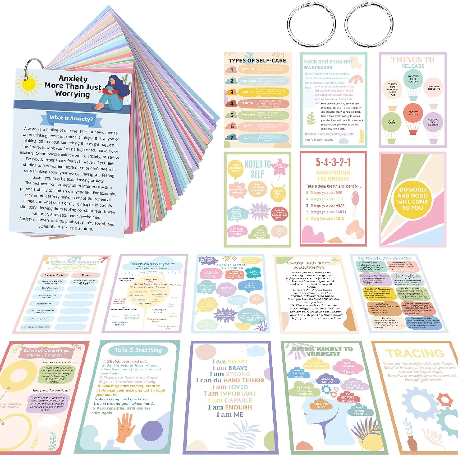 72 Pcs Anxiety Coping Skill Cards 5.9 x 4 Inches Social Anxiety Relief & Self Care Flashcard with Metal Binder Rings Coping Strategy Therapy Cards for Family University and Office