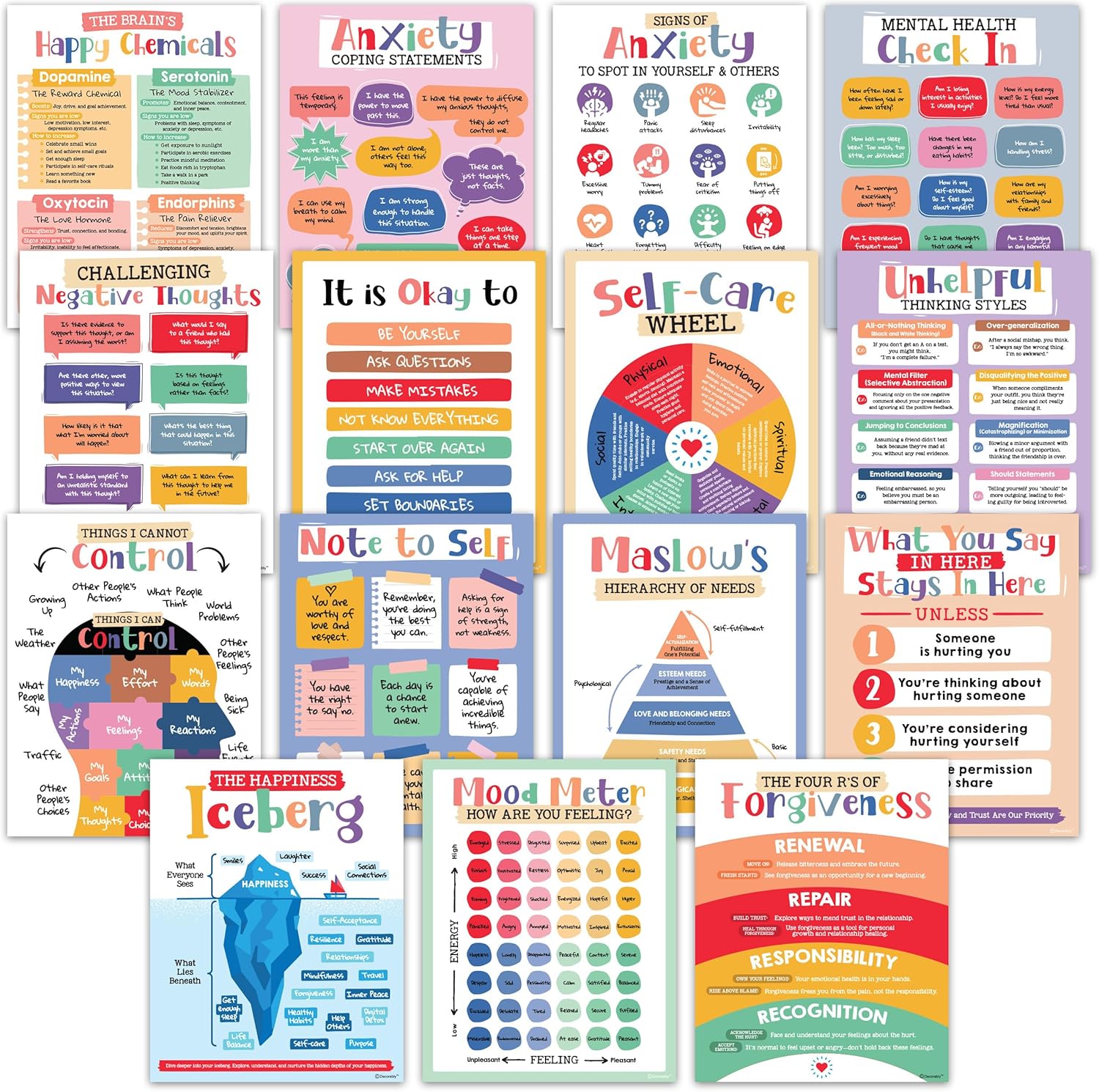 Decorably 15 Mental Health Posters for Classroom, 11x14in Matte-Laminated Educational Therapy Posters for Office, Health Classroom Decor